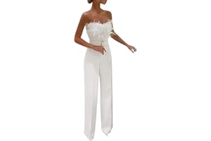 DAaomi Combinaison Femme Chic Mariage Grande Taille Combinaison Bustier à Plumes sans Manches Sexy Bodysuit Combishort Longue Soiree Rompers Jumpsuit Playsuit Ceinturée à Taille Haute Playsuit
