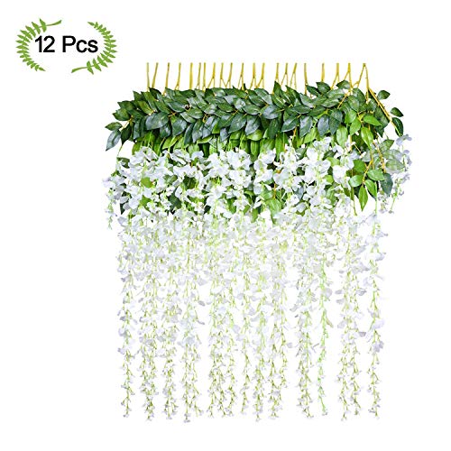 INMOZATA 12x Artificial Fake Wisteria Vine Silk Trailing Flowers Garland Hanging Party Wedding Decor (White)