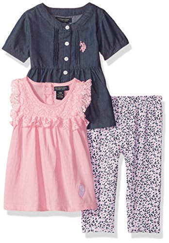 U.S. Polo Assn. Baby Girls' Fashion Top and Legging 3 Piece Set, Prism Pink, 6/9 Months
