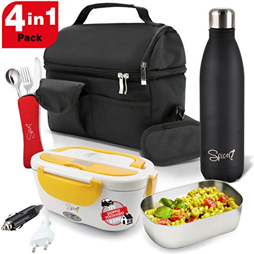 SPICE Borsa Tracolla + Bottiglia Termica 500 ml Parete + Scaldavivande Amarillo Plus Doppio Voltaggio + Set 3 Posate in Acciao Inox, Nero/Bianco, l