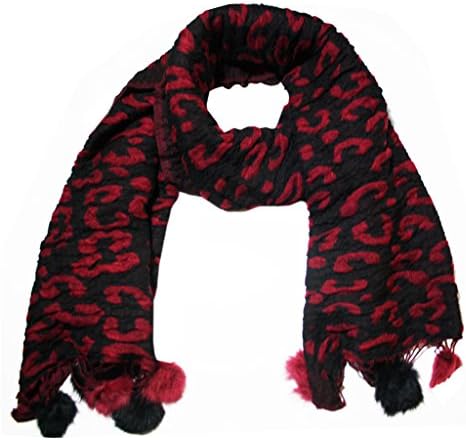 Bedazzled women ladies red and black leopard print woolly scarf with pom pom edges in gift bag