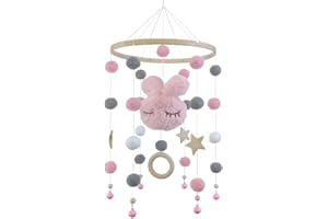 GFTCGK Mobile Baby, Baby Mobile, Baby Zubehör, Mobile Babybett, Mobile Baby Windspiele, Holz Mit Filzbällen 3d Wolken, Bettglocke Anhänger für Babybett Jungen und Mädchen(Rosa Kaninchen)
