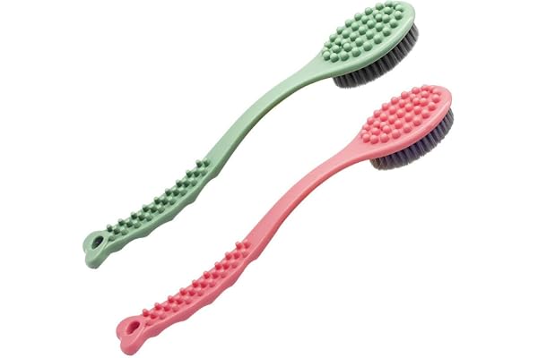 Brosse de bain à long manche - Brosse de massage corporel douce et confortable pour brosse exfoliante pour peau sèche (Vert et Rose)