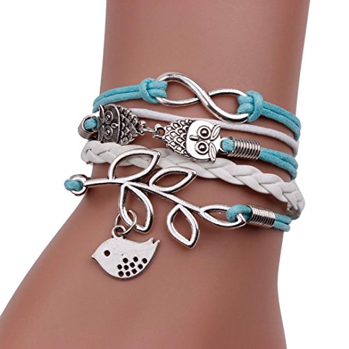 Voberry® mujeres dama niñas de moda de lujo diseño Vintage hecho a mano plata 8 búho hoja pájaro pulsera de cuero...
