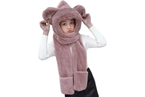 LONTG 3 In 1 Kids Faux Fur Hooded Scarf and Gloves Set Boys Girls Winter Warm Plush Hat Scarf and Gloves Thermal Trapper Hat Earflaps Hats Long Scarfs Pocket Glove Mitten Shawl Wraps Neck Warmer Age 3-8