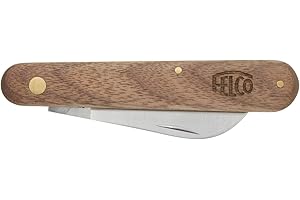 Felco Cuchillo de podar e injertar de acero al carbono de alta calidad, hoja curvada, mango de nogal americano, hoja de 60 mm, remaches de latón, forro interior de latón