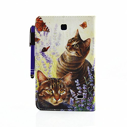Galaxy Tab 4 7.0 Hülle Case,Galaxy Tab 4 7.0 Ledertasche,Ukayfe Muster Schutzhülle Lederhülle Leder Tasche für Samsung Galaxy Tab 4 7.0,Malerei Katze Lila Blumen Muster Slim Fit Folio PU leder Schutz Etui Schale Flip Cover im Bookstyle Kunstleder Wallet Case Cover Tasche mit Ständer Karteneinschub und Magnetverschluß für Samsung Galaxy Tab 4 7.0 Zoll SM-T230 / T231 / T235 mit 1 x Schwarze Eingabestift - 2