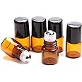 25 Pack 1ml Amber Micro Glass Roll on Perfume Bottle Refillable Stainless Steel Roller Ball Essential Oil Liquid Bottle with Black Caps Mini Sample vials Cosmetics Small Bottles (1ml)