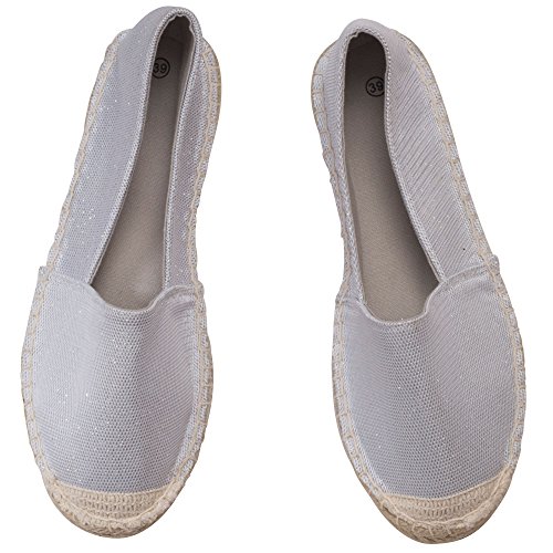 Japanwelt Damen Espadrilles Glitzer Canvas Weiß - Flache Slipper Sommerschuhe Abendgarderobe Größe 41 - 8