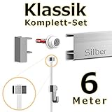 6m Bilderschienen Komplett Set inkl. 3 Bilderschienen aus Aluminium in 2m Länge, Seile mit Gleiter, Bilderhaken, Montagesets, Schienenverbinder, Endkappen