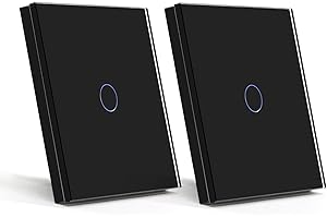 BSEED interruptor luz pared 1 Gang 1 Vía interruptor tactil pared Negro con indicador LED,Interruptor de Luz con panel de vidrio templado,sin cable neutro (Carga máxima:500W)-2 Paquete