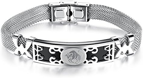 Ilove EU Men's Stainless Steel Bracelet Silver Black Taurus Horoscope Zodiac Star Sign Mesh Chain Cuff Bracelet