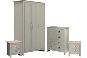 HOMELIFE Lancaster 4 Piece Bedroom Set Wardrobe Drawer Chest Bedside Table Grey