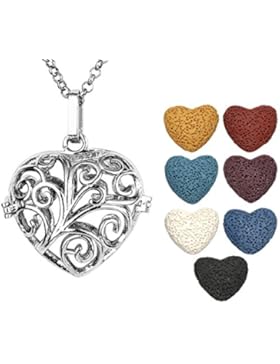 JOVIVI Herz Aromatherapie Ätherische Öle Diffusor Halskette Hollow Timbo Muster Medaillon Locket Anhänger 7x Lavastein