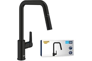 GROHE Start, Küchenarmatur 2 Strahlarten (Wasserhahn Küche, ausziehbare Brause, 360° schwenkbar, wassersparend dank variabler Mengenbegrenzung, werkzeugfreie Spülbecken-Montage), schwarz, 306312430