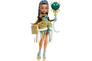 Monster High Cumplespantos Cleo De Nile Muñeca con vestido de fiesta dorado y accesorios temáticos como una invitación, un globo, un regalo, un pintalabios y mucho más, JBG76