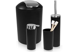WENKO Badezimmer Zubehör Set Calvo 4-teilig Seifenspender Zahnputzbecher WC-Bürste Toilettenbürste WC-Garnitur Kosmetikeimer Schwarz mit Chrom Details aus Kunststoff
