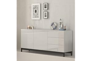 Dmora Bianco Lucido Credenza Moderna a 2 Ante e 3 cassetti, Made in Italy, Madia da Cucina rialzata, Buffet di Design da Soggiorno, cm 170x40h47, Colore
