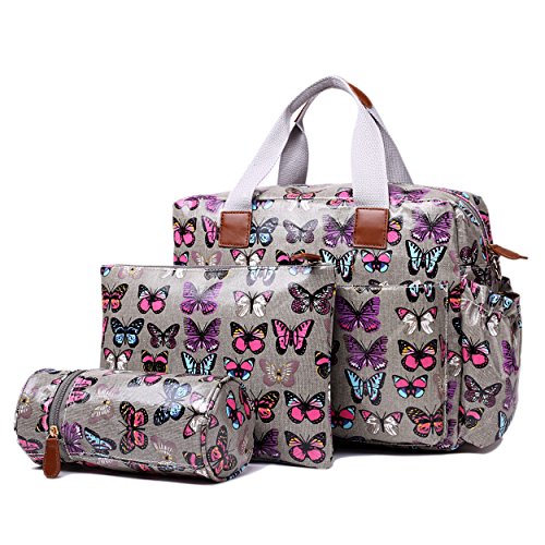 Miss Lulu 4 Piece Butterfly Baby Nappy Changing Bag Set (Grey)