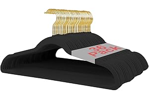 ‎WELLONG Wellong Kleiderbügel Samt, 45 cm rutschfeste Filz Bügel, Stabile Anzugbügel mit Schulterkerben, Platzsparende Kleiderbügel für Mäntel, Hosen, Silbe, 36 Stück – Schwarz mit Goldene Haken