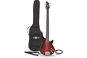 Gear4music Chicago Electric Bass Guitar 5 String with Accessories Red