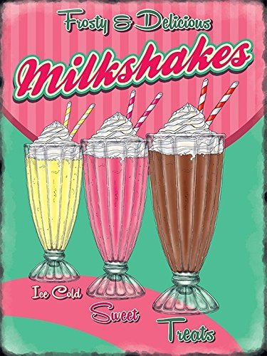 Frosty y delicious Milkshakes Ice cold Sweet Treats Vanilia. fresa. Chocolate. De alto vidrio,rematados con crema y servido con un paja de. 50's. Clásico,retro anuncio casa,hogar,cocina - acero, 9 x 6.5 cm (Imán)