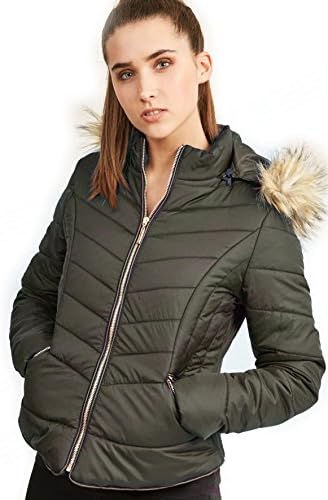 M1427 New Womens Ladies Quilted Winter Coat Puffer Fur Collar Hooded Jacket Parka Size LIVESY 2017 (14, Khaki)
