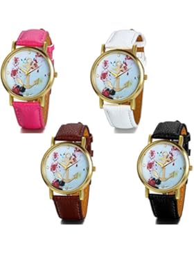 JewelryWe 4pcs Damen Armbanduhr, Klassisch Retro Casual Analog Quarz Leder Armband Uhr mit Basel-Stil Rose Blumen...