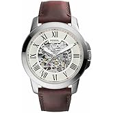 Fossil Watch for Men Grant, Mechanical Automatic Movement, 45 mm Silver Stainless Steel Case with a Leather Strap, ME3099
