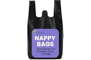 ezkart Pack of 100 - Black Strong Plastic Nappy Bags with a Comfortable Grip| Heavy Duty for Multi-Purpose Uses, Durable Sanitary Disposal Bag, 100% Leak Proof (Black-100pk, 8x13x18 Inch-20mu)