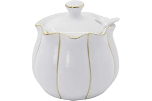 Chase Chic Azucarero, Azucarero Cerámica Vintage con Tapa y Cuchara, 9.17 oz/260ml, Forma de Calabaza, Perfecto Para la Cocina, Sirviendo para Azúcar, Sal, Especias y Más, Blanco con Ribete Dorado