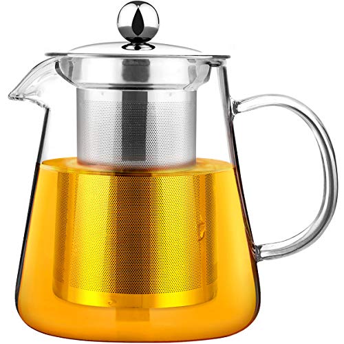 Ackmond - Tetera de cristal de borosilicato transparente con infusor y tapa de acero inoxidable, 900 ml, con salvamanteles de madera.