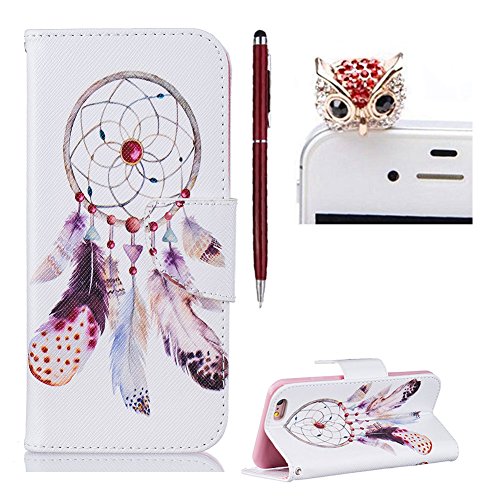 iphone 6 / iphone 6S Hülle Leder Weiß ,SKYXD Feder Traumfänger Muster PU Folio Klappbar Schutzhülle [Magnetverschluss / Brieftasche Kartenfach / Standfunktion] Klapphülle mit [Eule Handyanhänger + Eingabestift] 3 in 1 Zubehör Handy Tasche Etui für Apple iphone 6/6s Case Bookstyle Flip Leather Cover With [Free Stylus and Dust Plug]