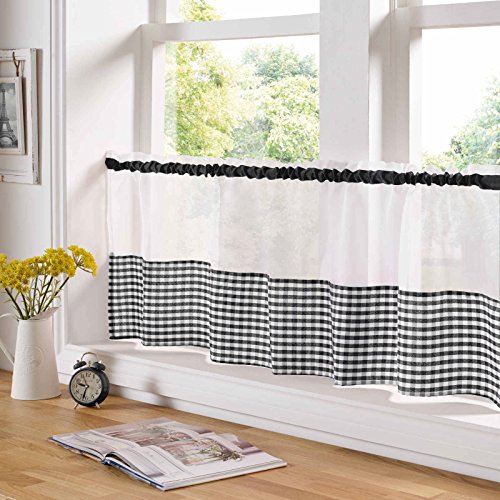Gingham Trim Voile Cafe Curtain Panel Traditional Checked Design