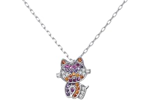 Belons Cat Necklace Girls 925 Sterling Silver Colorful Cubic Zirconia Cat Pendant Necklace for Women Kids