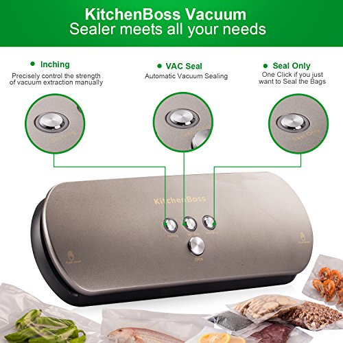 Vakuumierer, KitchenBoss Vakuumiergerät Lebensmittelverpackungsmaschine für Lebensmittel, Fleisch,Früchte, natürliche Aufbewahrung ohne Konservierungsstoffe,Vakuumregulierung,inkl. 5 gratis Profi-Folienbeutel (Silber) - 2