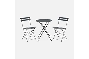 ALICE'S GARDEN 2-seater foldable thermo-lacquered steel bistro garden table with chairs, Ø60cm - Emilia - Anthracite