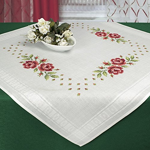 Stickpackung SOMMER ROSEN / Komplettes Vorgezeichnetes Tischdecken Set zum Sticken / Blumen Stickset mit Stickvorlage für Erwachsene / Sticken im Kreuzstich