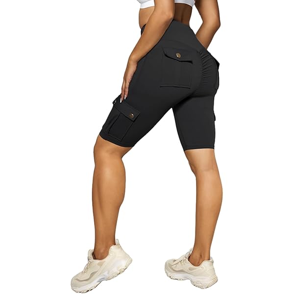 Nuofengkudu Knielengte Fitnessshorts voor Dames Cargo 4 Zakken Hardlopen Scrunch Billen Hoge Taille Buikcontrole Stretch Workout Korte Short, Zwart, S