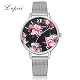 Dilwe Frauen Quarz Armbanduhr, Maschen Gurt Armbanduhr Kreativitäts Analoge runde Blumen Vorwahlknopf(Silber)