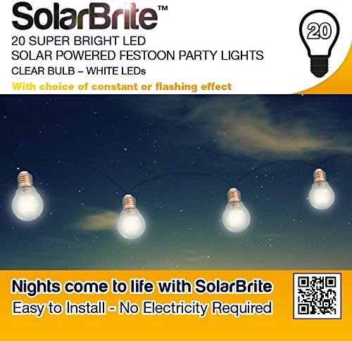 Solar Brite Deluxe 20 Bright White LED Solar Powered Festoon Party Lights Clear Bulb No Running Costs