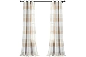 Lush Decor Beige Textured Striped Grommet Sheer Window Curtain Panel Pair (84" x 38"), 84" x 38