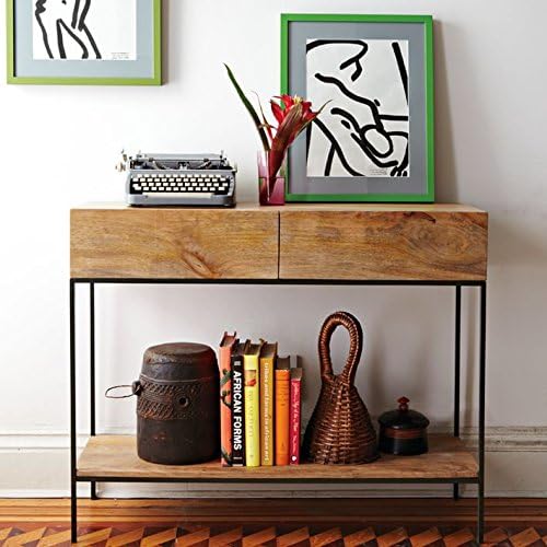 Wood Dekor Console Table With 2 Drawers in Mango Wood And Iron Base frame, Mango Natural &amp; Black, 105x35x85 Cms