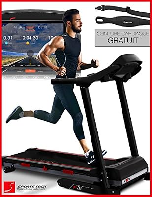Sportstech Tapis de course F31, commande par application Smartphone, cardiofréquencemètre, haut-parleur + Bluetooth + MP3, 4 CV, 16 KM/H, autolubrification, 12 programmes d’entraînement, fonction FCM
