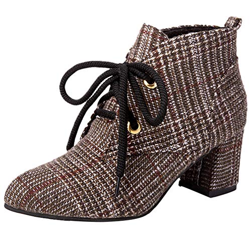 Preisvergleich Produktbild JUSTSELL_Schuhe Damen Stiefeletten,Frauen Kariertes Segeltuch Ankle Stiefeletten Lace-Kunstleder Stiefe Dicker Absatz Stiefeletten Stilvoll Kurzschaft Stiefel