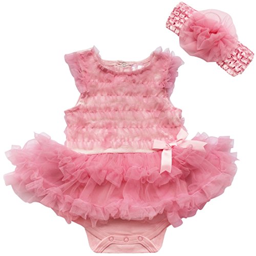 2pcs Infant Baby Girl Kids Headband+Romper Bodysuit Flower Tutu Clothes Set Pink 9-12 Months