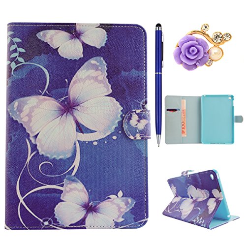 ipad mini 4 Lederhülle - Felfy Slim Full Body Rose Butterfly Muster PU Case Etui Schutz Hülle für ipad mini 4 + 1x Lila Blume Anti Stöpsel + 1x Blau Stylus
