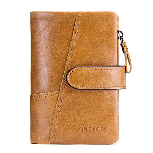Modesty Mens real cuero zurriago bifold titular de la tarjeta de cremallera moneda bolsillo corto cartera (marrón) - QB002