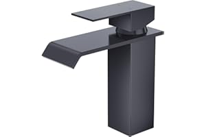 CREA Wasserhahn Bad Wasserfall, Waschtischarmatur mit Ablaufgarnitur, Mischbatterie Bad mit Wasserfall Auslauf, Hochdruck Armatur Waschbecken für Badezimmer, Modern Wascharmatur, Matt Schwarz