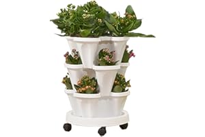 Tectsia Strawberry Vertical Planter Tower Garden, 3 Tiered Planter Stackable Herb Garden Planter with Movable Casters and Bottom Saucer Indoor and Outdoor - White